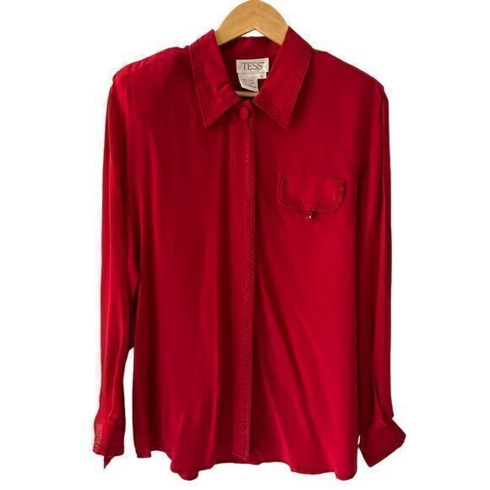 TESS Vintage Red 100% Silk Button Up‎ Light Weight Blouse Holiday NWT Size L